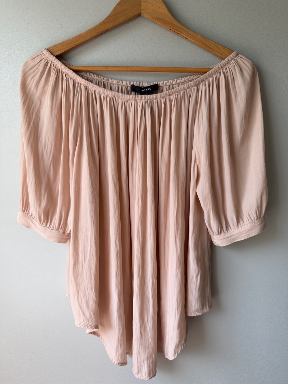 Smythe Gipset Blouse Dusty Blush Gathered Off-Shoulder Top size S